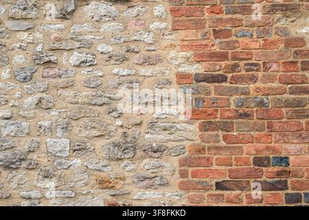 Traditional old masonry wall combining irregular natural stone and weathered red brick construction. Stock Photo