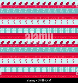 Seamless Christmas pattern with holiday icons including candy canes, stockings, snowmen and gift boxes arranged in decorative stripes. Perfect for win Stock Vector