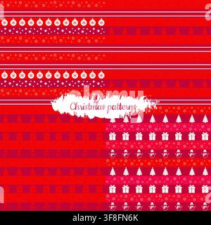 Set of Red Christmas Seamless Patterns with Holiday Decorations Stock Vector