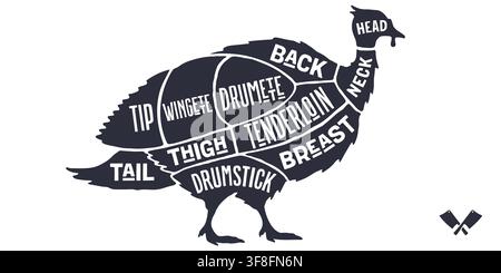 Turkey, poultry, hand-drawn butcher cuts Stock Vector