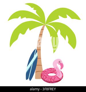 Vector summer beach illustration with palm tree, blue surfboard, and pink flamingo inflatable float. Tropical vacation icon for card, web, print. Stock Vector
