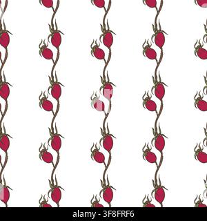 Vector seamless pattern with red rosehip berries and sage green stems on white background. Minimalist print for cosmetic packaging and wellness. Stock Vector