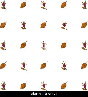 Vector seamless pattern with autumn rosehip berries and brown leaves on white background. Minimalist floral print for vintage wrapping gift paper. Stock Vector