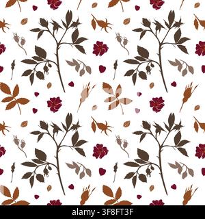 Vector seamless pattern with autumn rosehip branches, brown leaves, and burgundy flowers on white background. Botanical print for wrapping paper. Stock Vector
