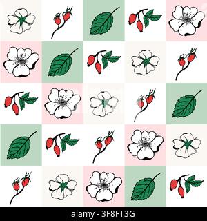 Vector seamless pattern with rosehip flowers, berries, and leaves in checkered mosaic tile background. Floral print for kitchen textile and card. Stock Vector