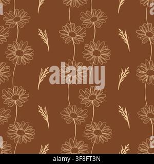 Vector seamless pattern with beige daisy floral line art on brown background. Vintage botanical print for packaging, paper, textile, and card. Stock Vector