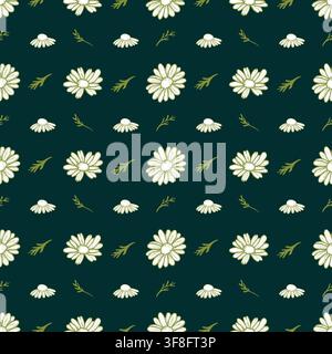 Vector seamless pattern with chamomile daisy flower silhouettes on dark green background. Botanical floral print for packaging, paper, and textile. Stock Vector
