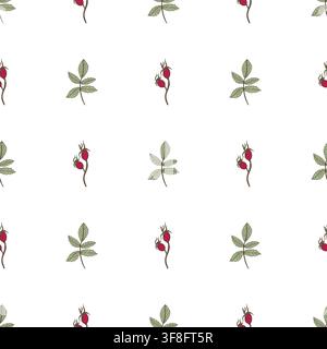 Vector seamless pattern with red rosehip berries and sage green leaves on white background. Minimalist floral print for cosmetic packaging design. Stock Vector