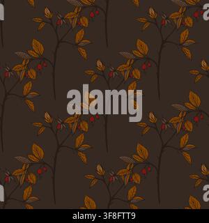 Vector seamless pattern with autumn rosehip branches, golden leaves, and red berries on dark background. Botanical floral print for gift packaging. Stock Vector