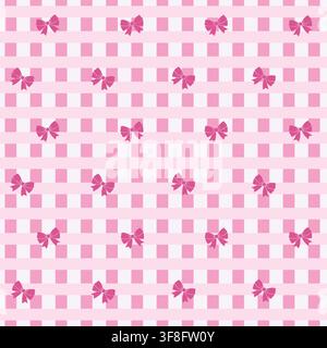 Vintage vector repeat pattern featuring a classic pink and white checkered plaid canvas decorated with scattered magenta ribbon bows. Perfect sweet te Stock Vector