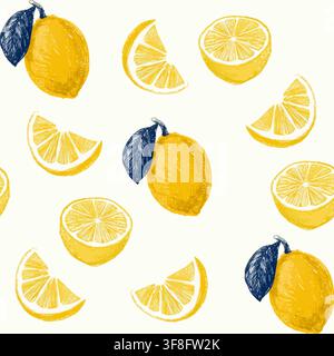 High-quality vector repeat pattern featuring ripe yellow lemons, juicy half cuts, and citrus slices with dark leaves on a clean off-white backdrop. Pe Stock Vector