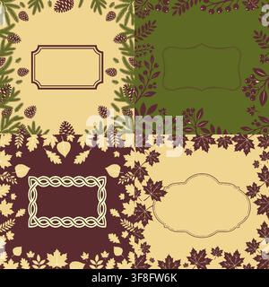 Collection of four vintage seasonal background templates with leaves, pine cones, berries, and elegant blank labels for text. Versatile vector set for Stock Vector