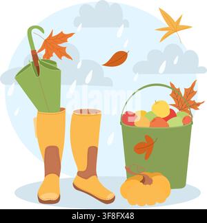 Rain boots, umbrella, harvest basket with apples, pumpkin and autumn leaves clipart. Stock Vector