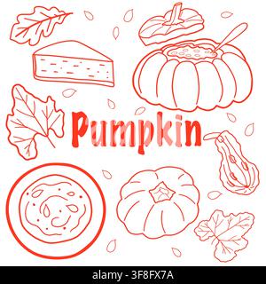 Pumpkin soup, stuffed pumpkin, pumpkin pie, squash and autumn leaves doodle. Stock Vector