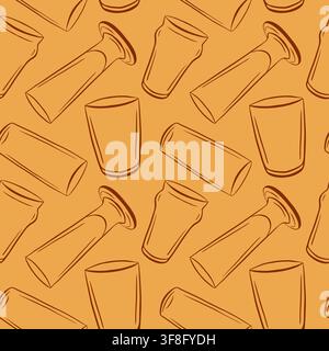 Seamless beer glass pattern in line art style with hand drawn drinkware on orange background, beverage texture design for packaging, textile Stock Vector