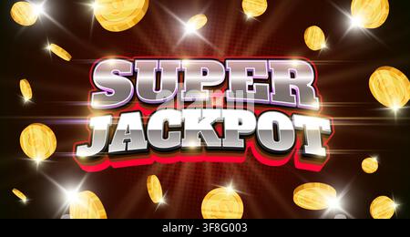 Glowing 3D super jackpot text effect with golden casino letters on red background. Editable typography template for poker winner banners and gambling prize designs. Stock Vector