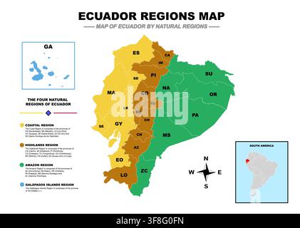 Ecuador Natural Regions Map – Four Natural Regions and Provinces Stock Vector