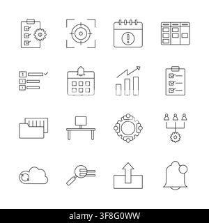 A comprehensive collection of 16 linear outline icons for task management, kanban board, project focus, calendar reminders, and cloud sync tools. Stock Vector