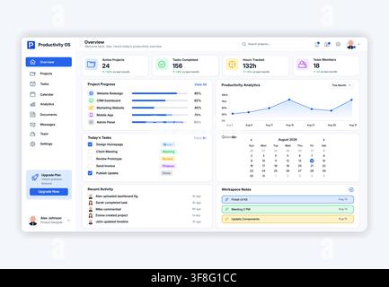 A clean light UI UX web dashboard layout template for productivity management, analytics tracking, task organization, and team collaboration SaaS apps Stock Vector