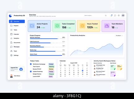 A clean light UI UX web dashboard layout template for productivity management, analytics tracking, task organization, and team collaboration SaaS apps Stock Vector