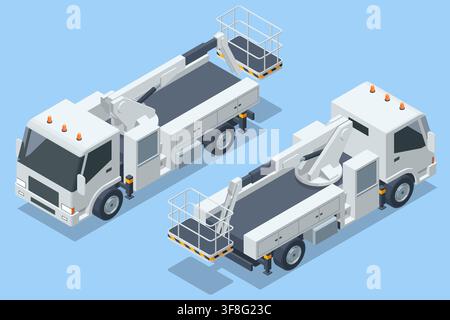 Isometric bucket truck with hydraulic boom and aerial work basket Stock Vector