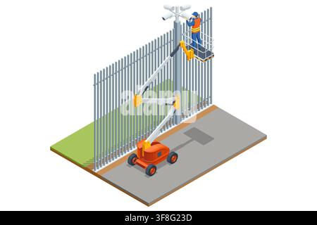 Isometric boom lift worker servicing security cameras on perimeter fence Stock Vector