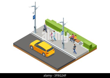 Isometric smart streetlights with WiFi and cameras in urban public space Stock Vector