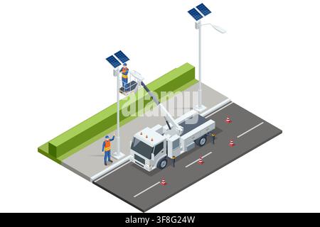 Isometric bucket truck servicing solar streetlights on urban road Stock Vector