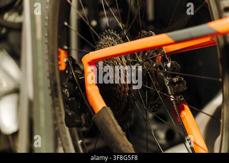 Close-up of a mountain bike rear cassette, wheel and disc brake assembly. Detailed view shows drivetrain and braking components during bicycle Stock Photo