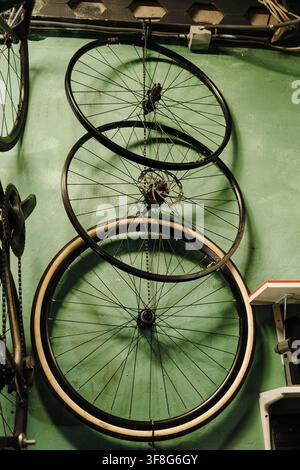 Several bicycle wheels and rims hang vertically on a green workshop wall. Different wheel components are stored inside a professional bicycle repair Stock Photo