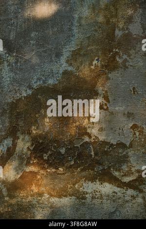 Rough aged wall surface with layered plaster, worn patches and subtle blue, brown and beige tones, creating a natural abstract texture for backgrounds Stock Photo