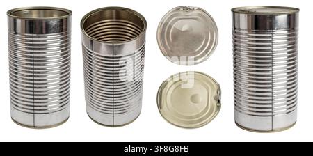 A collection set of various tall ribbed metal food cans and lids, including open containers, closed cans, and top/bottom perspectives, isolated on a t Stock Photo