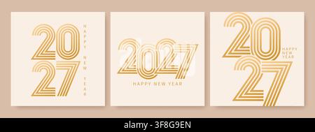 Set of 2027 New Year cards with golden striped numbers. Modern design templates for banners and social media. Vector illustration Stock Vector