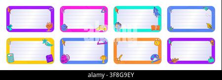 School note card set with color educational doodles. Color whimsical labels, school memo cards, vector teacher printable cards. Colorful note template Stock Vector
