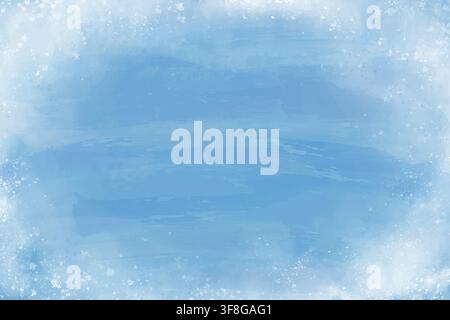 Frozen Winter Watercolor Background with Snowy Border. Abstarct holiday backdrop. December frosty seasonal frame for ads, banner, poster, presentation Stock Vector