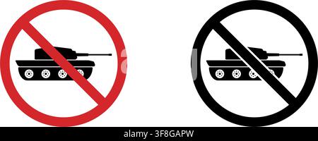 No Tanks Prohibition Sign Icon Set. Forbidden Military Vehicle Warning And Restriction Symbol Collection. Stop And Ban Notice. Isolated Vector Stock Vector