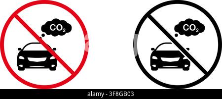 No Co2 Emission Car Prohibition Sign Icon Set. Forbidden Vehicle Emission Warning And Restriction Symbol Collection. Stop And Ban Notice. Isolated Stock Vector