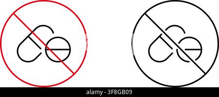 No Medication Prohibition Symbol Icon Set. Pills And Capsules Restriction, Drug Ban, Pharmaceutical Warning And Safety Regulation Collection. Editable Stock Vector