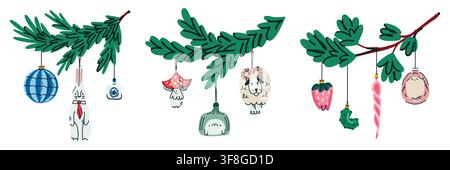 Collection of Christmas Evergreen Branches with Colorful Hanging Ornaments, Hand Drawn Festive Foliage and Winter Holiday Decorations Stock Vector