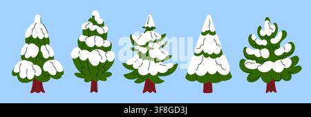 Snowy Evergreen Christmas Trees on Blue Winter Background, Hand Drawn Fir and Pine Collection for Festive Seasonal Illustration Stock Vector