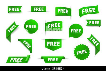 Green FREE Tags and Labels Set. Various shapes for promotion, discount, sale, and advertising. Vector illustration. Stock Vector