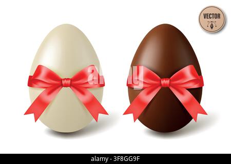 Vector 3d White and Black Chocolate Easter Eggs with Red Satin Bows, Isolated. Sweet Holiday Gift Illustration. Festive Spring Dessert Decoration Stock Vector
