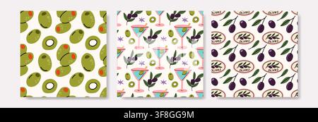 Green Olives and Martini Seamless Pattern Collection Stock Vector