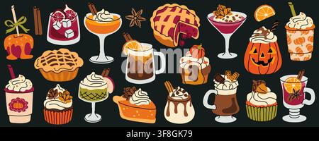Autumn drinks and sweet desserts doodle vector for seasonal cafe menu Stock Vector