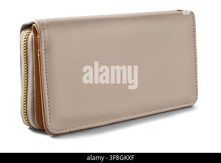 beige leather wallet isolated white background, elegant women fashion accessory with gold zipper, side view mock-up template Stock Photo