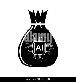 A black money bag icon featuring an artificial intelligence microchip symbol on a white background representing technological investment and funding. Stock Vector