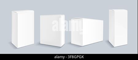 Realistic set of white carton boxes isolated on background. Vector illustration of blank 3d package mockup, rectangular cardboard pack with lid, template for beauty or medicine product presentation Stock Vector