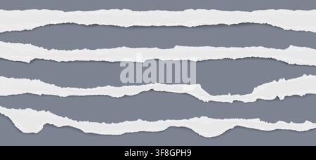 Torn paper edges with realistic ripped texture. Vector illustration set of white sheet strips with rough border, torn notebook or newspaper page design, scrapbooking and collage composition elements Stock Vector