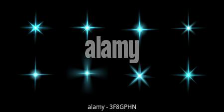 Realistic set of glowing light burst effects with star beams. Vector illustration of bright flashes with blue flare rays isolated on black, starburst shine, sparkling starlight for night sky design Stock Vector