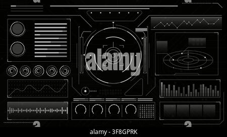Realistic spaceship control dashboard UI with holographic tech frames, military targeting system, futuristic HUD interface elements on black background, vector illustration of game panel design Stock Vector